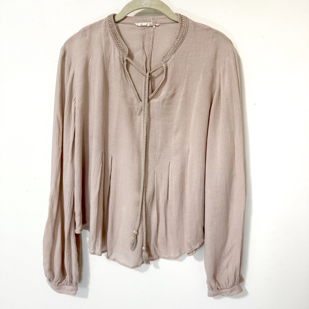 Anthropologie Floreat Dusty Taupe Beige Peasant Blouse With Beaded Trim Size 4